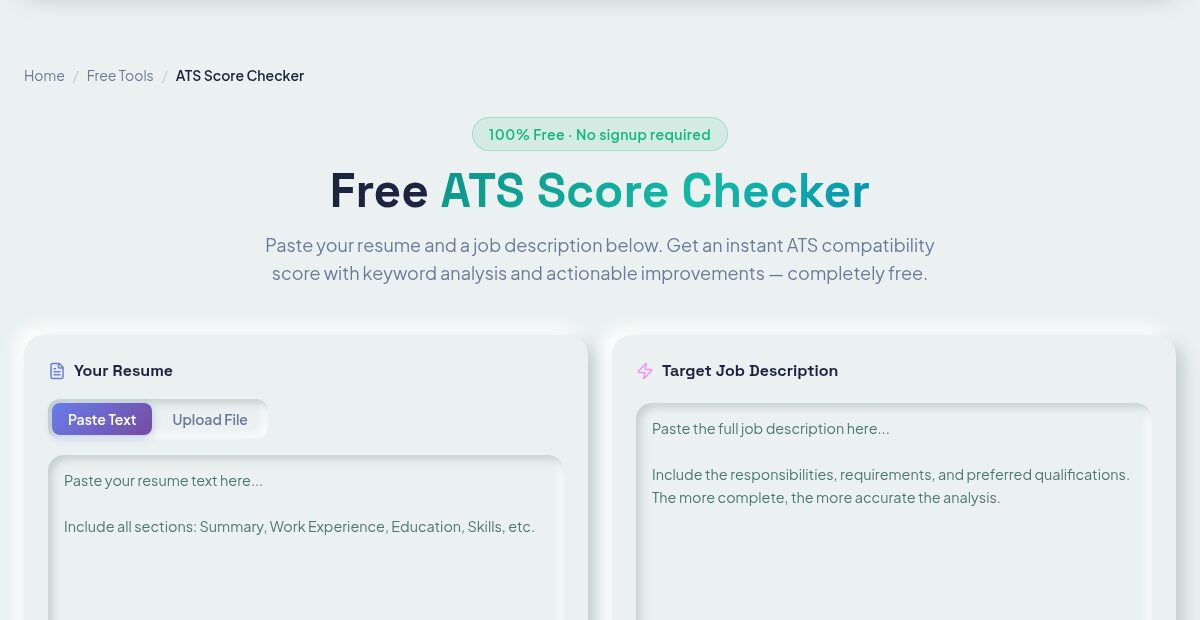 JobLook free ATS Score Checker tool with resume and job description input panels