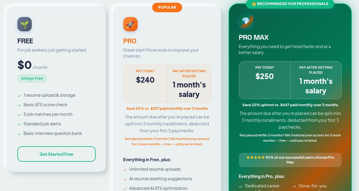 JobLook Free, Pro, and Pro Max pricing plan cards side by side